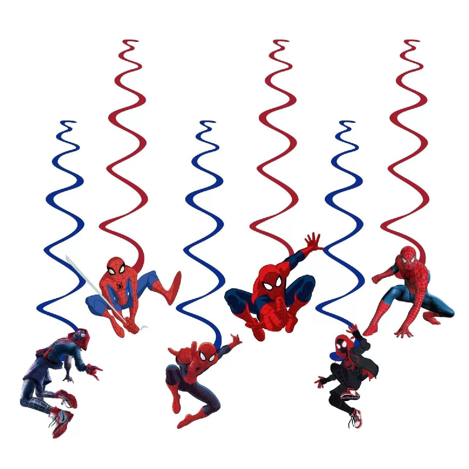 Six hanging swirls and balloons from 52pcs Spider Birthday Decorations Pack