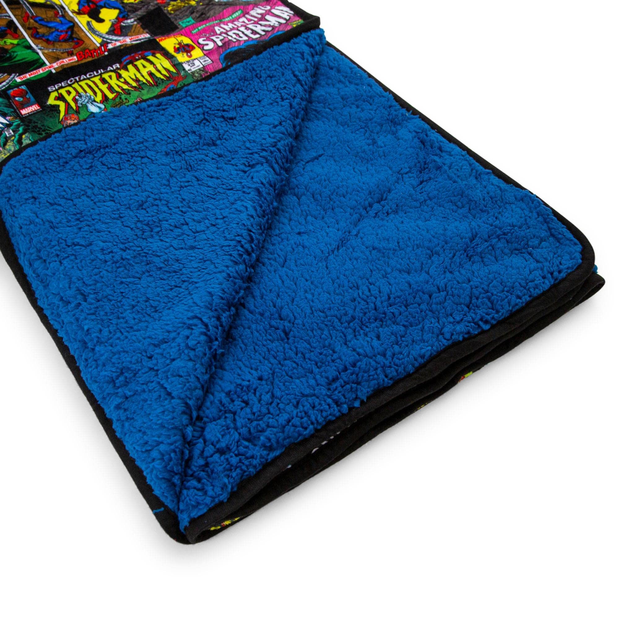 Blue Sherpa backing visible on Spider-Man throw blanket