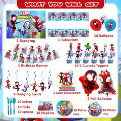 spider theme birthday party decorations tablecloth and hanging swirls