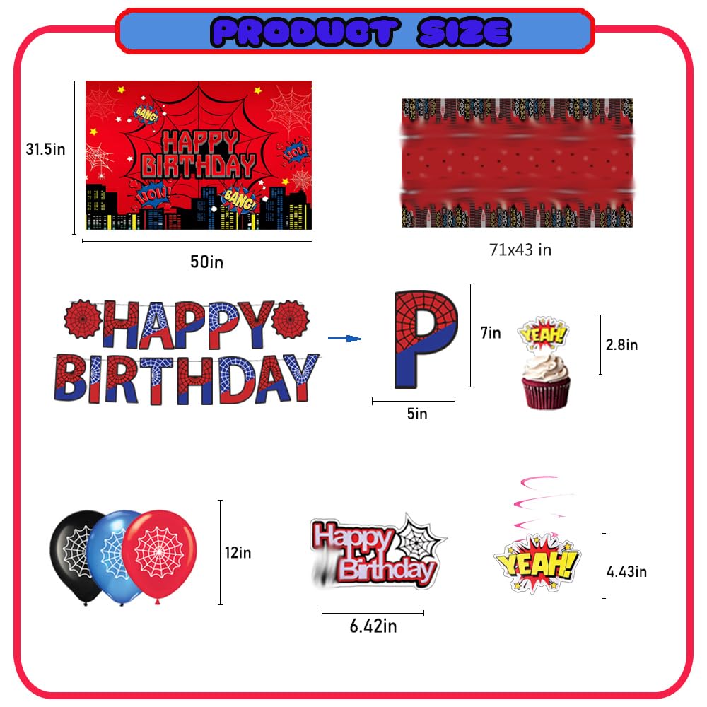 Balloons and hanging swirls from Spider Theme birthday party kit