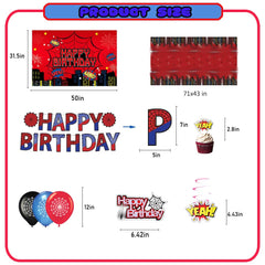 Balloons and hanging swirls from Spider Theme birthday party kit