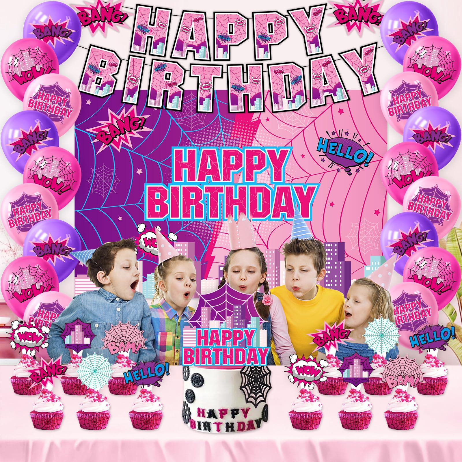 Complete pink purple spider theme party decorations kit