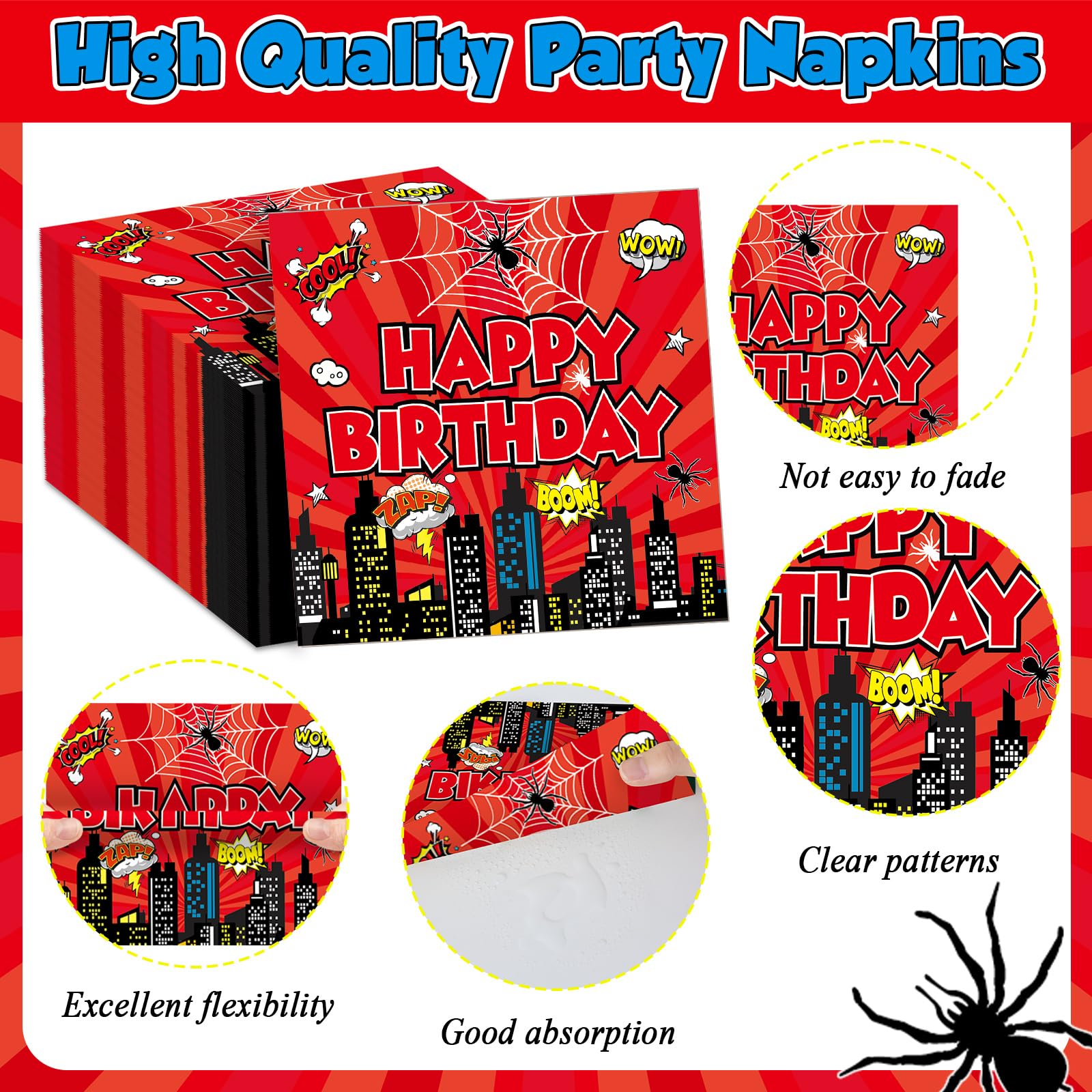 spider theme napkins 6.5 inch with red and blue accents