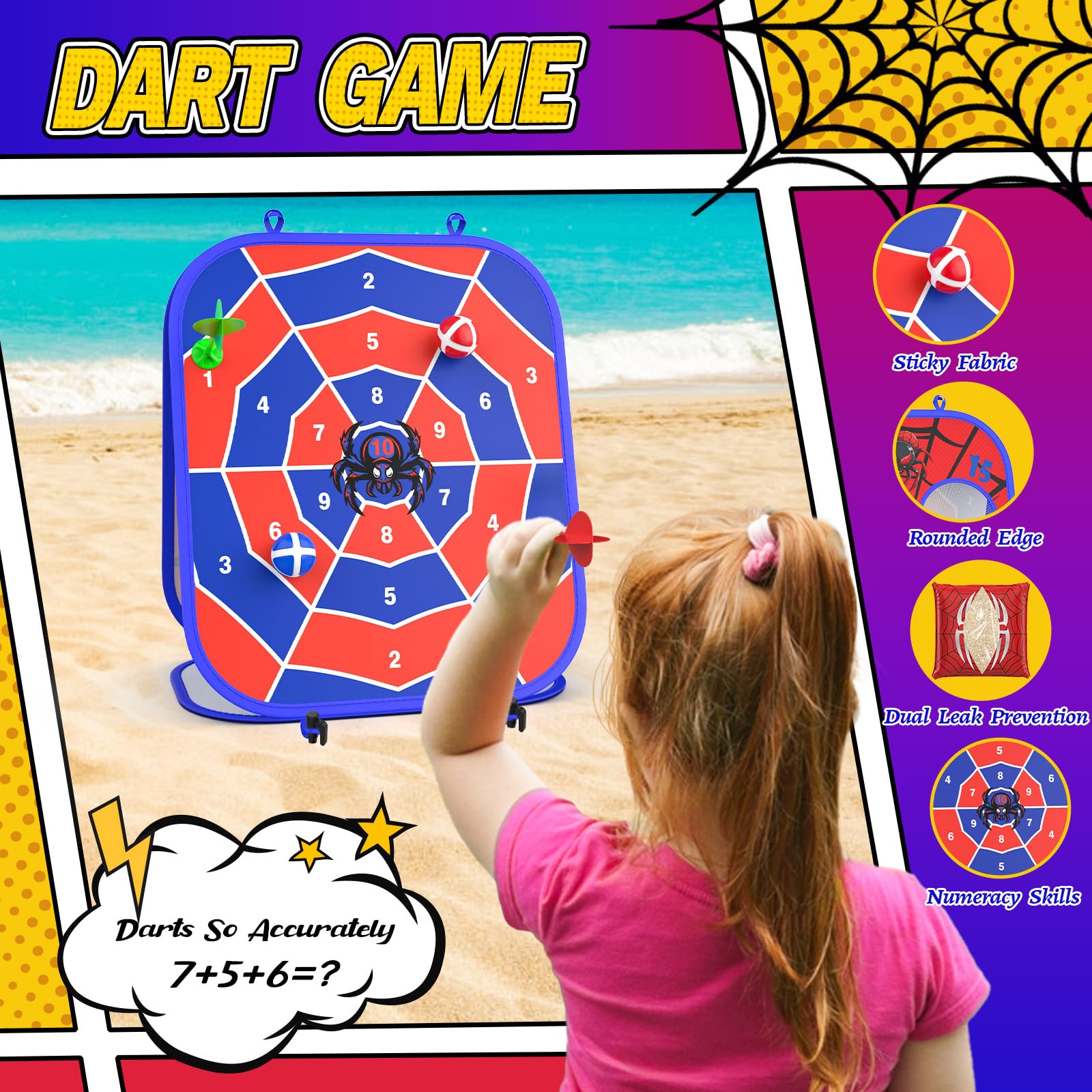 Colorful bean bags and darts included with cornhole board