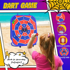 Colorful bean bags and darts included with cornhole board