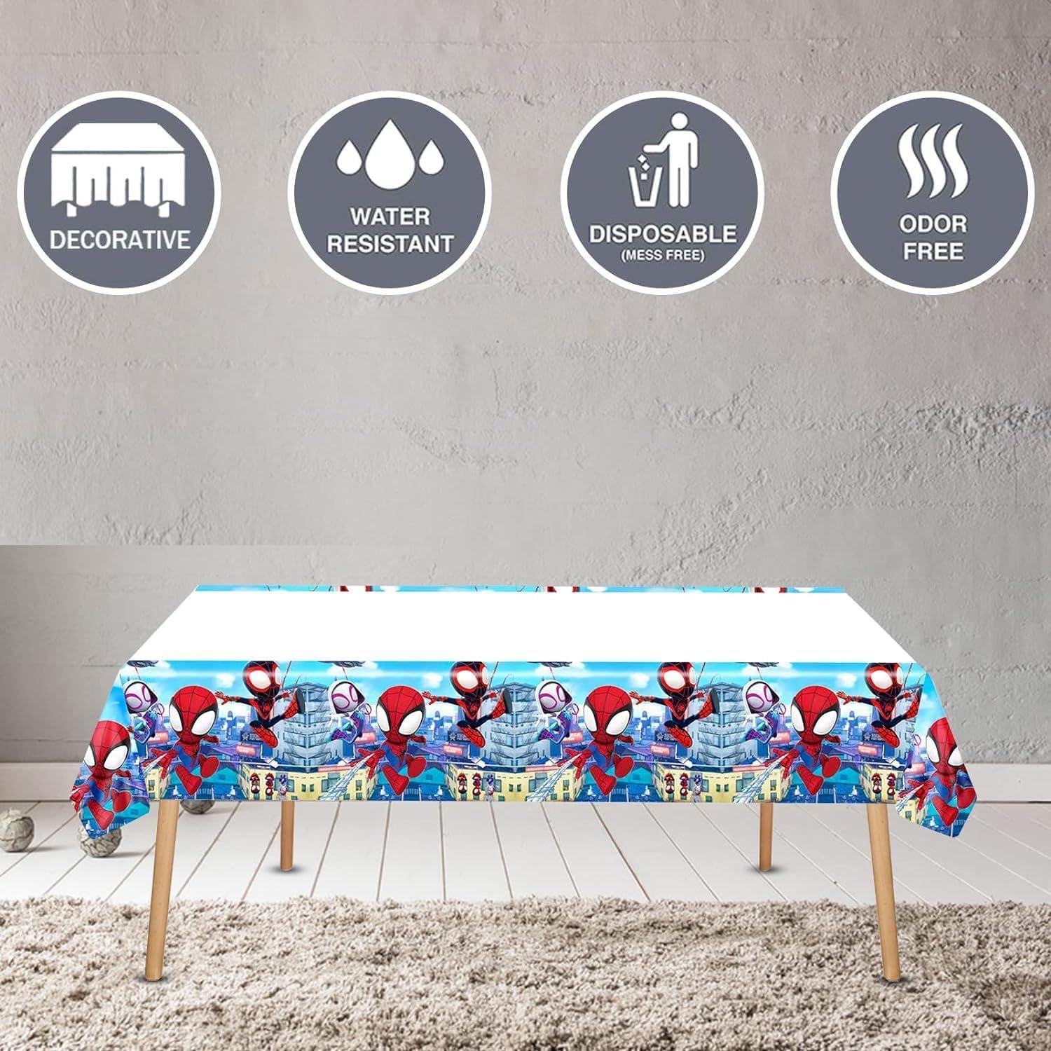 Disposable tableware set for Spidey party includes plates napkins and tablecover