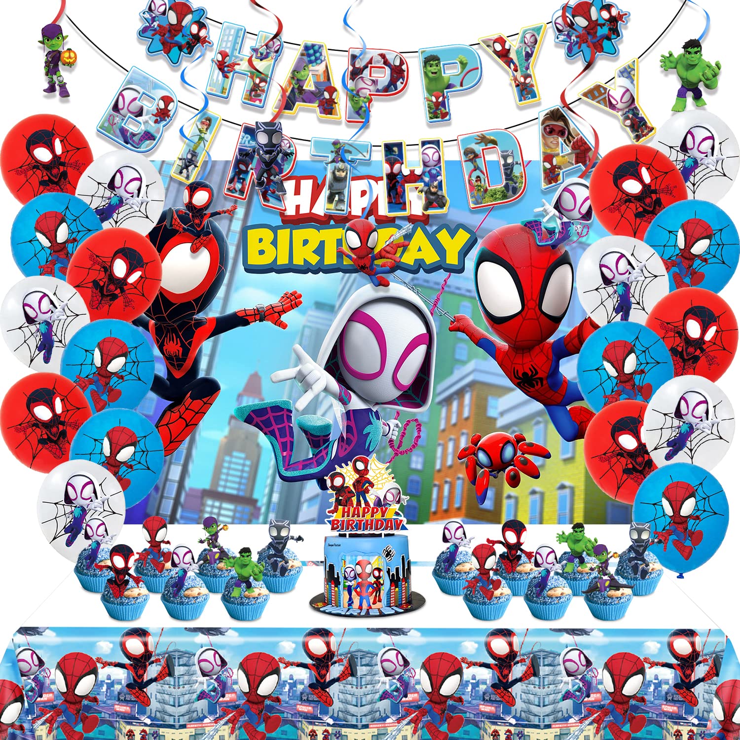 Spidey Birthday Decorations kit with banner backdrop and tablecloth