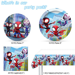 Spidey themed party supplies kit for birthday celebrations with plates napkins and table decor