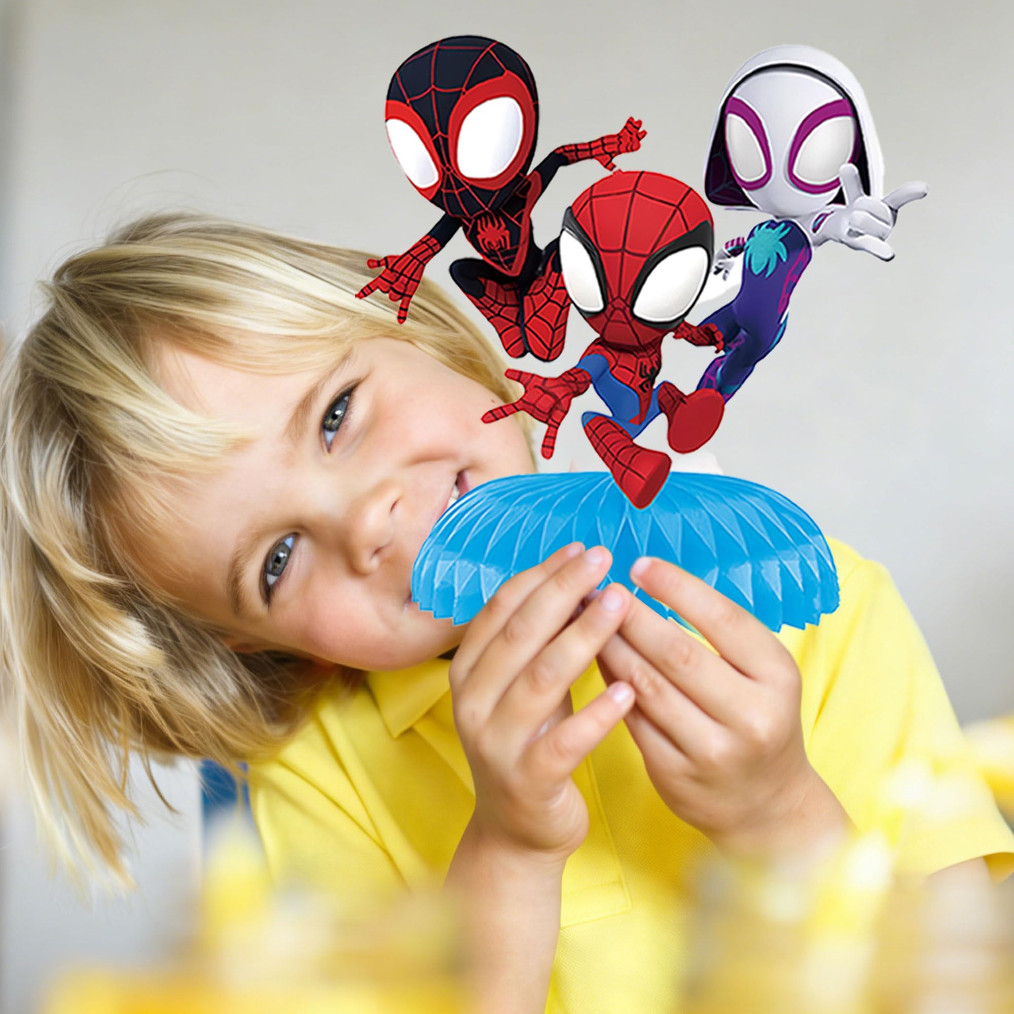 Spidey game night centerpieces shown with other table decor