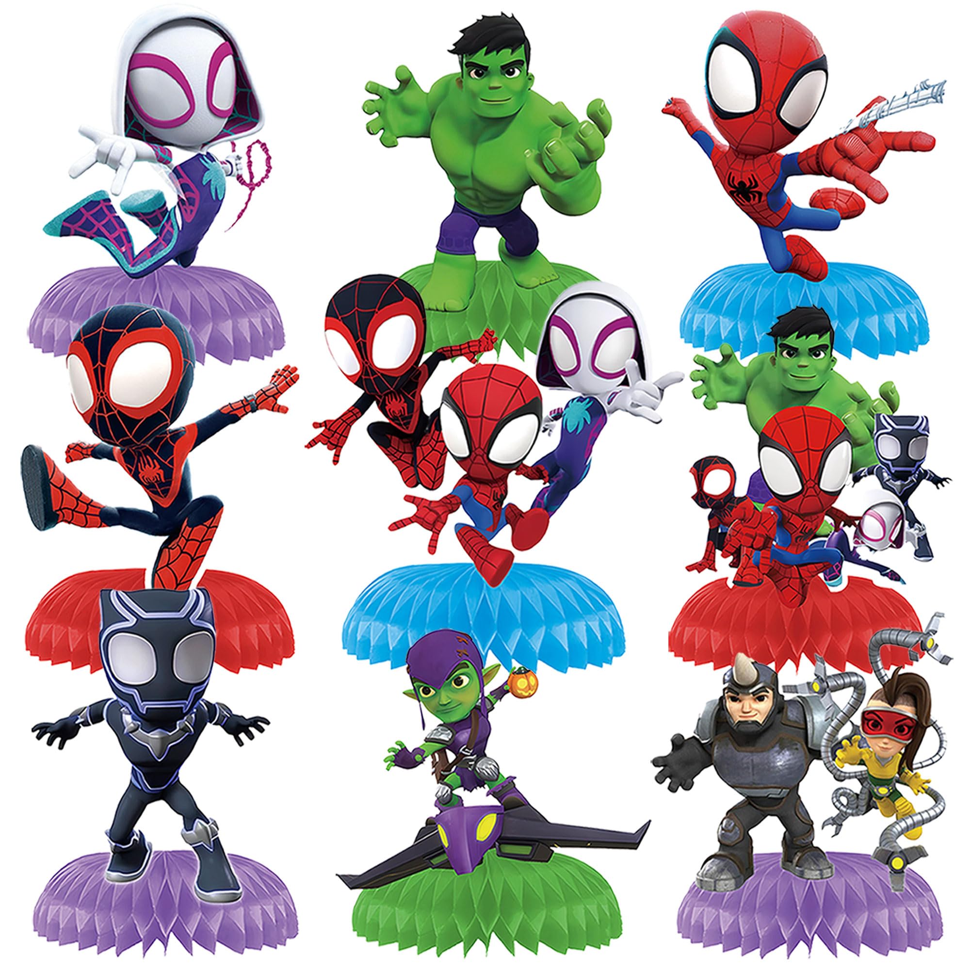 9Pcs Spidey Honeycomb Centerpieces on a party table