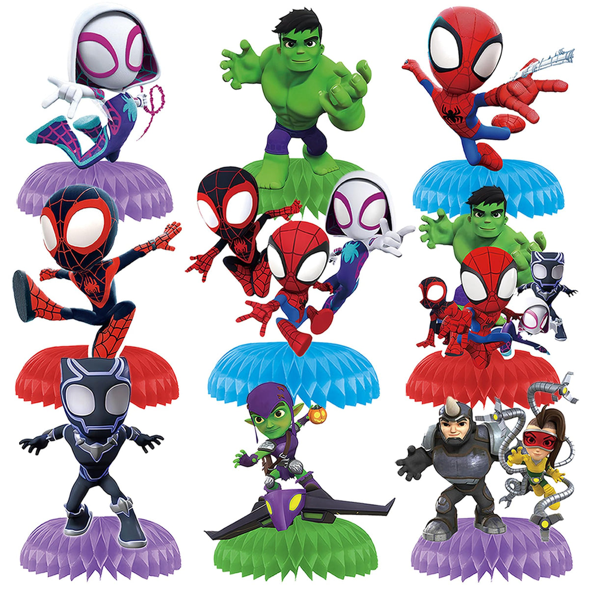 9Pcs Spidey Honeycomb Centerpieces on a party table
