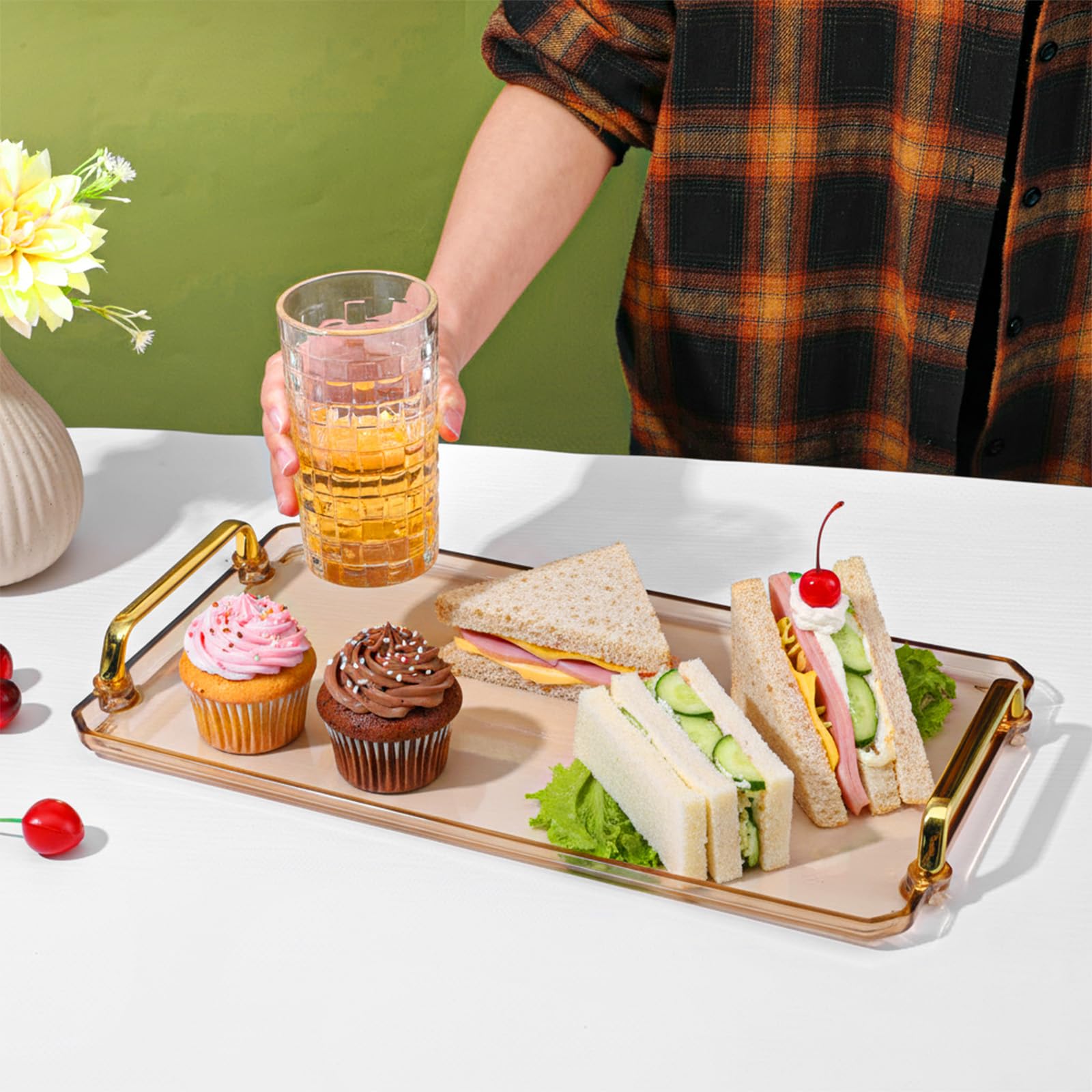 Spill-proof decorative tray for snacks and drinks