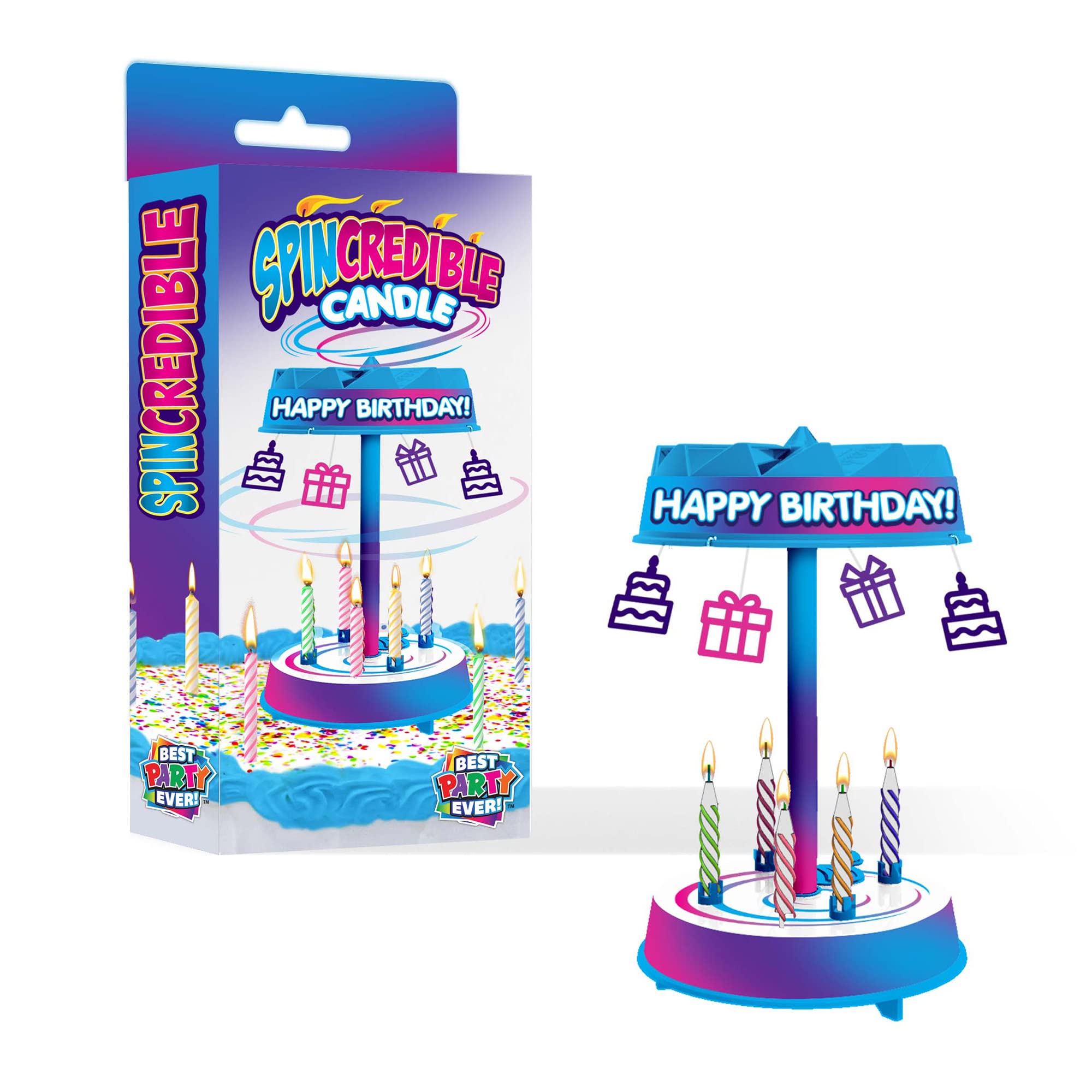 Spincredible Candle product image showing a rotating singing candle on a cake