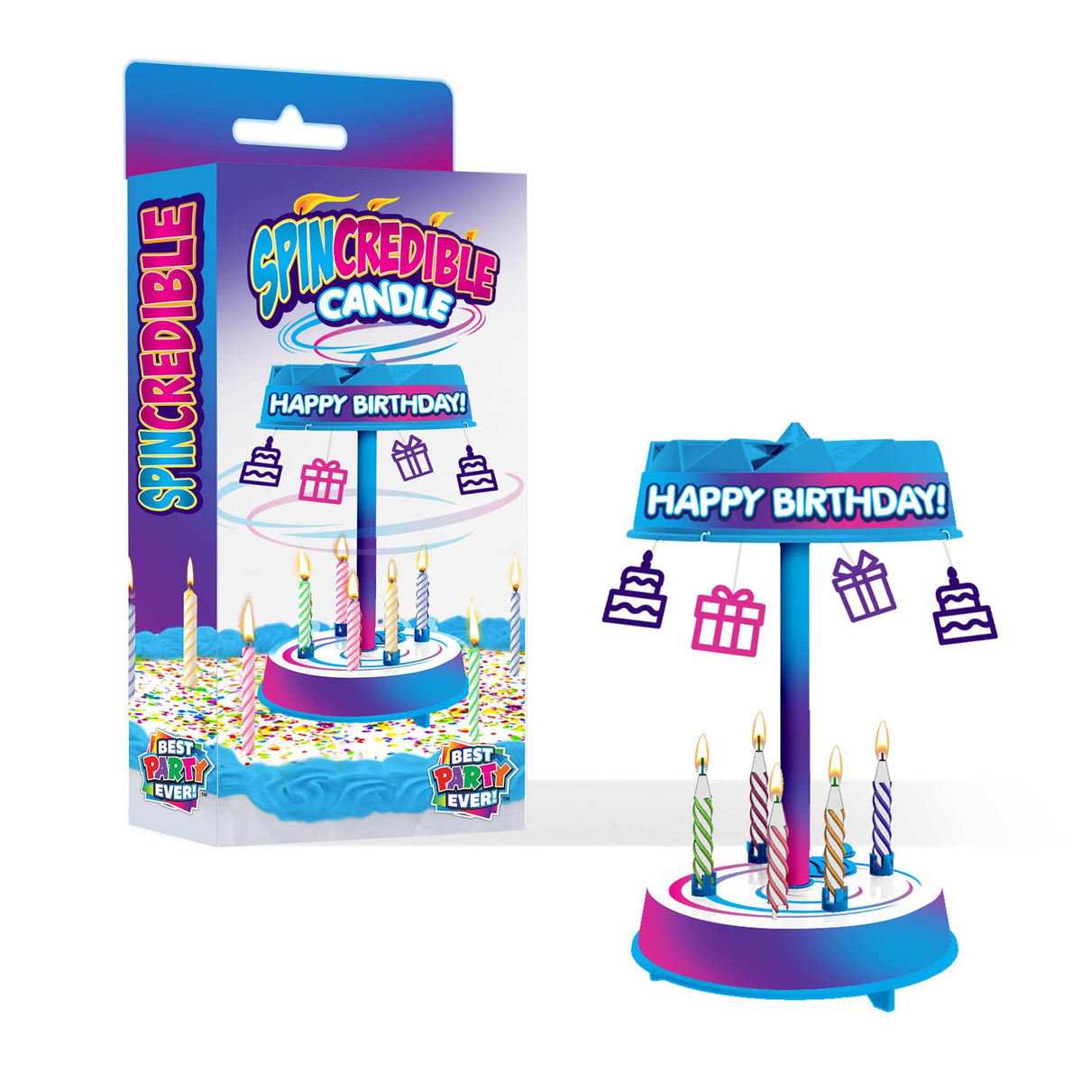 Spincredible Candle product image showing a rotating singing candle on a cake