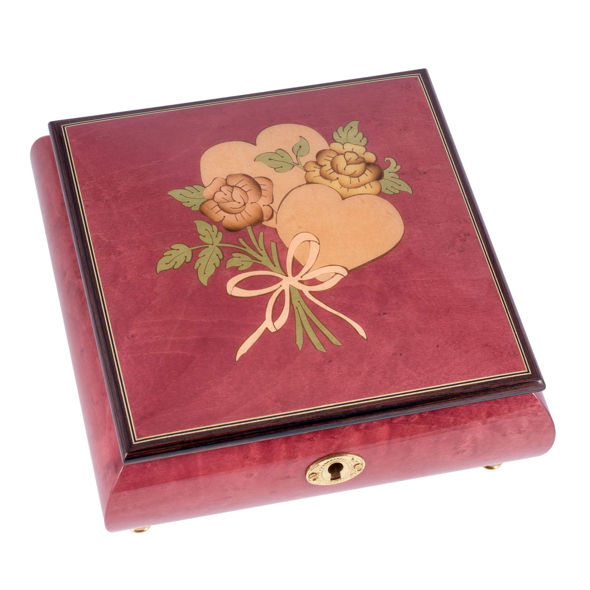 splendid burgundy double heart italian inlaid music box closeup