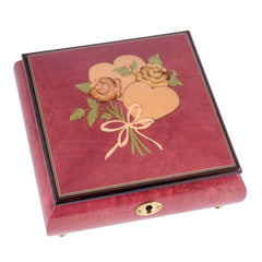 splendid burgundy double heart italian inlaid music box closeup