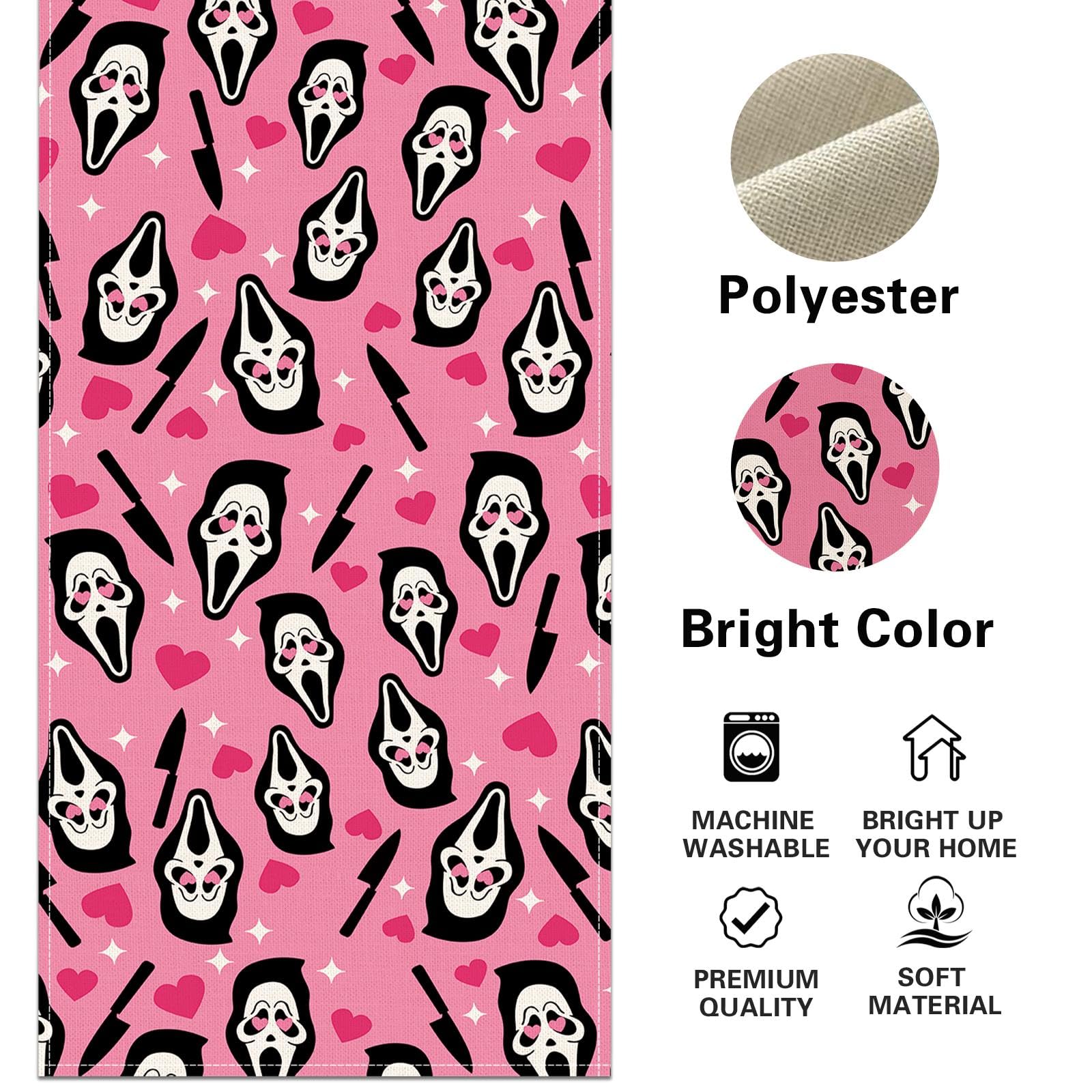 Close-up of spooky mask and knife print on pink runner