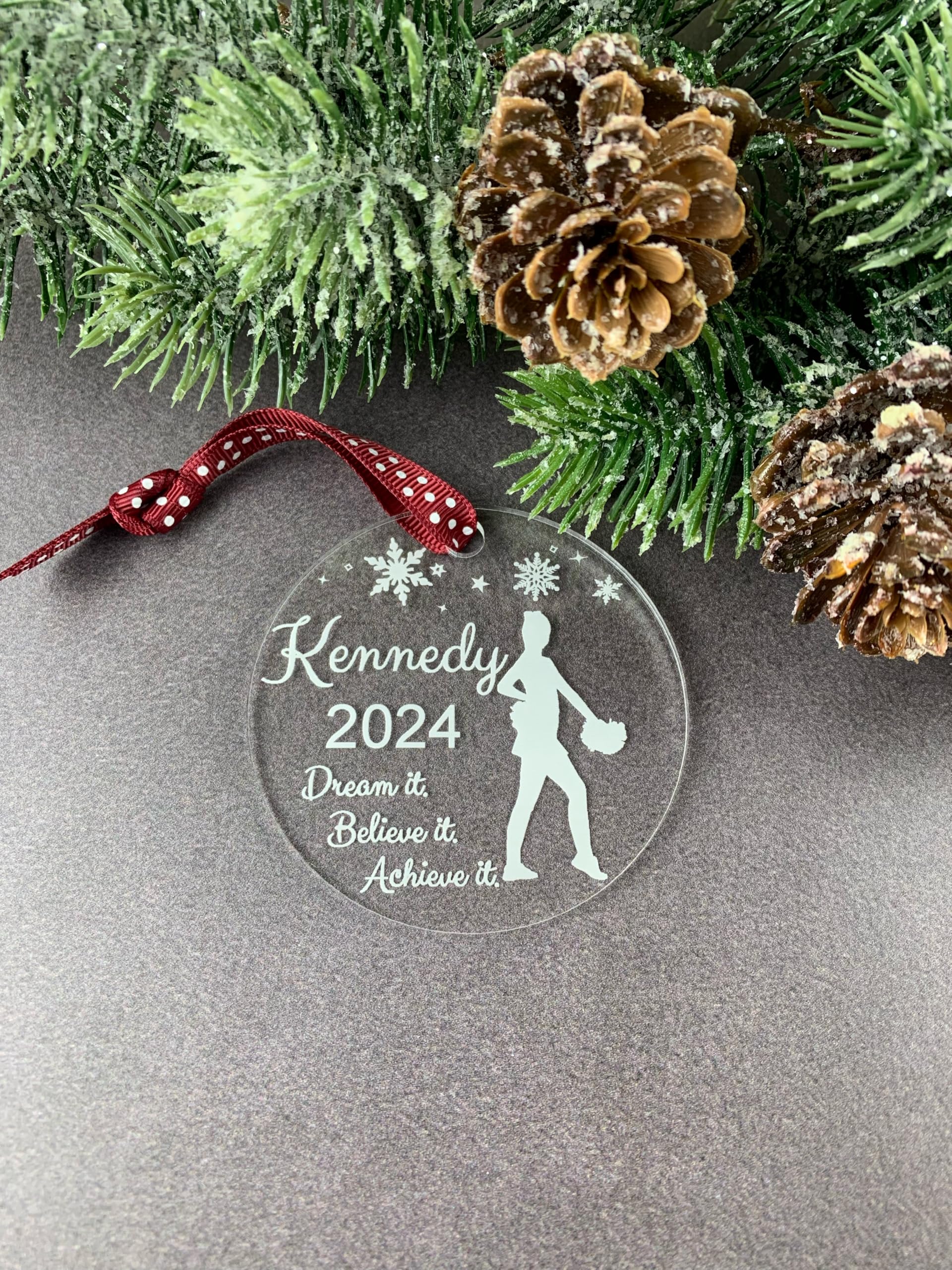 Clear acrylic ornament with customizable ribbon color