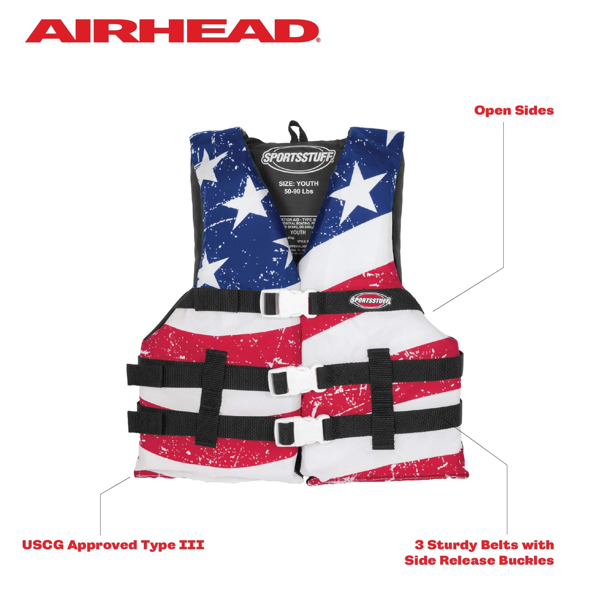 US Coast Guard Approved life jacket with three buckles open sides