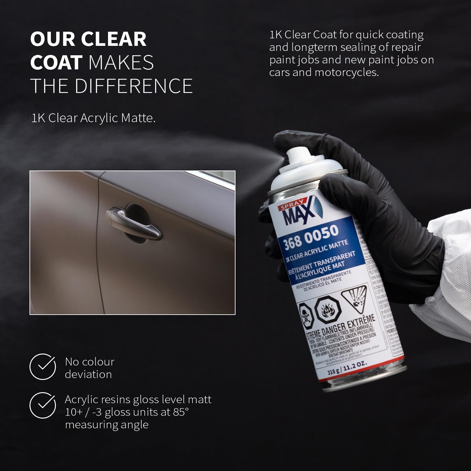 Durable matte clear coat protection on painted surfaces SprayMax 1K
