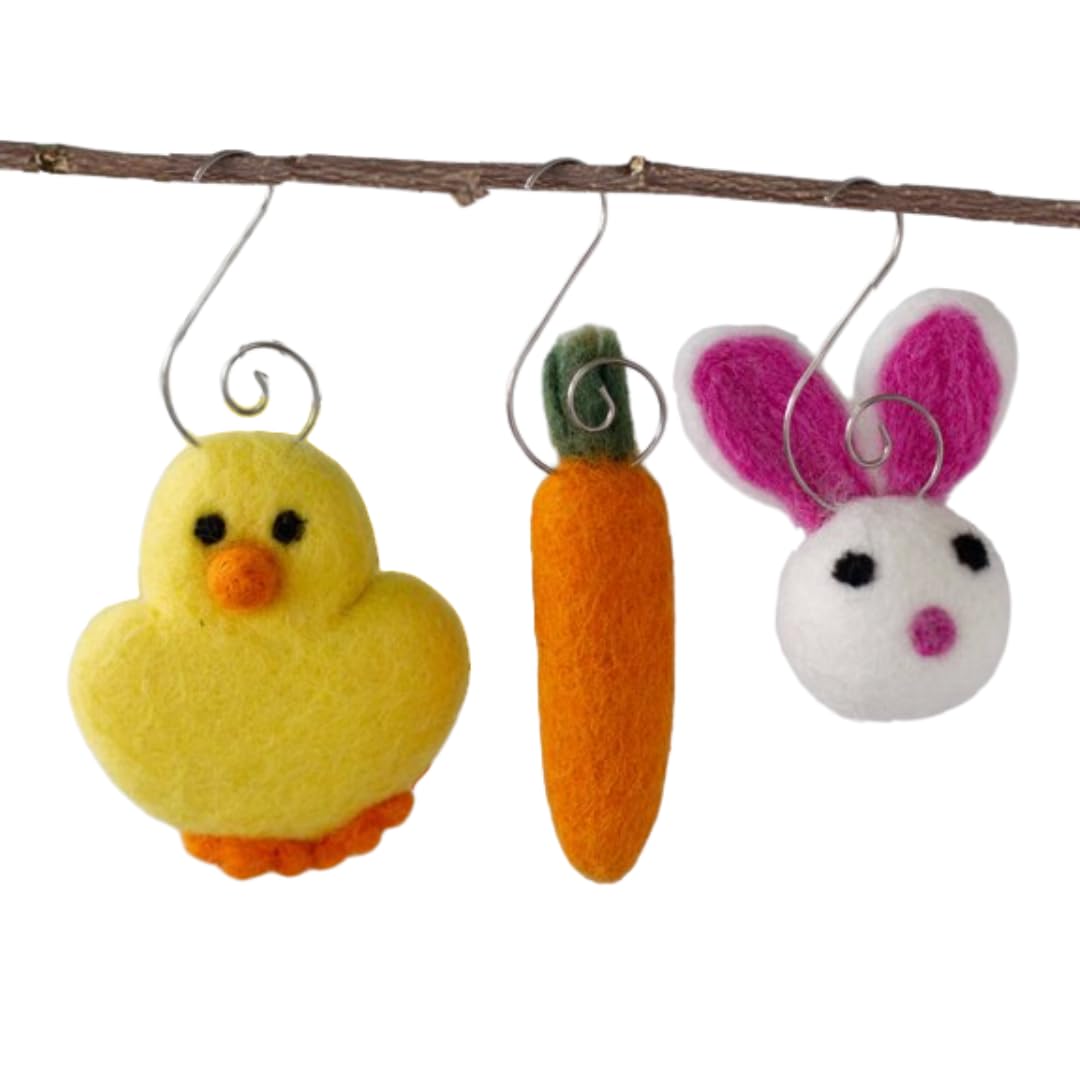 Spring Easter Tree Ornaments wool felt set of 3 with bunny carrot chick shapes hanging