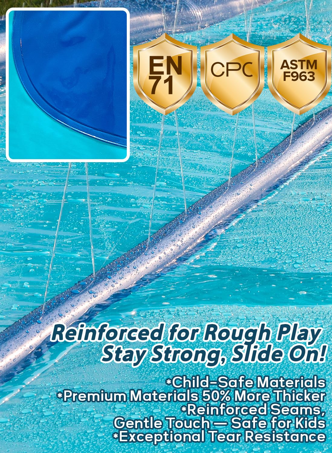 Heavy duty Spring Water Slip and water Slide showing thick material