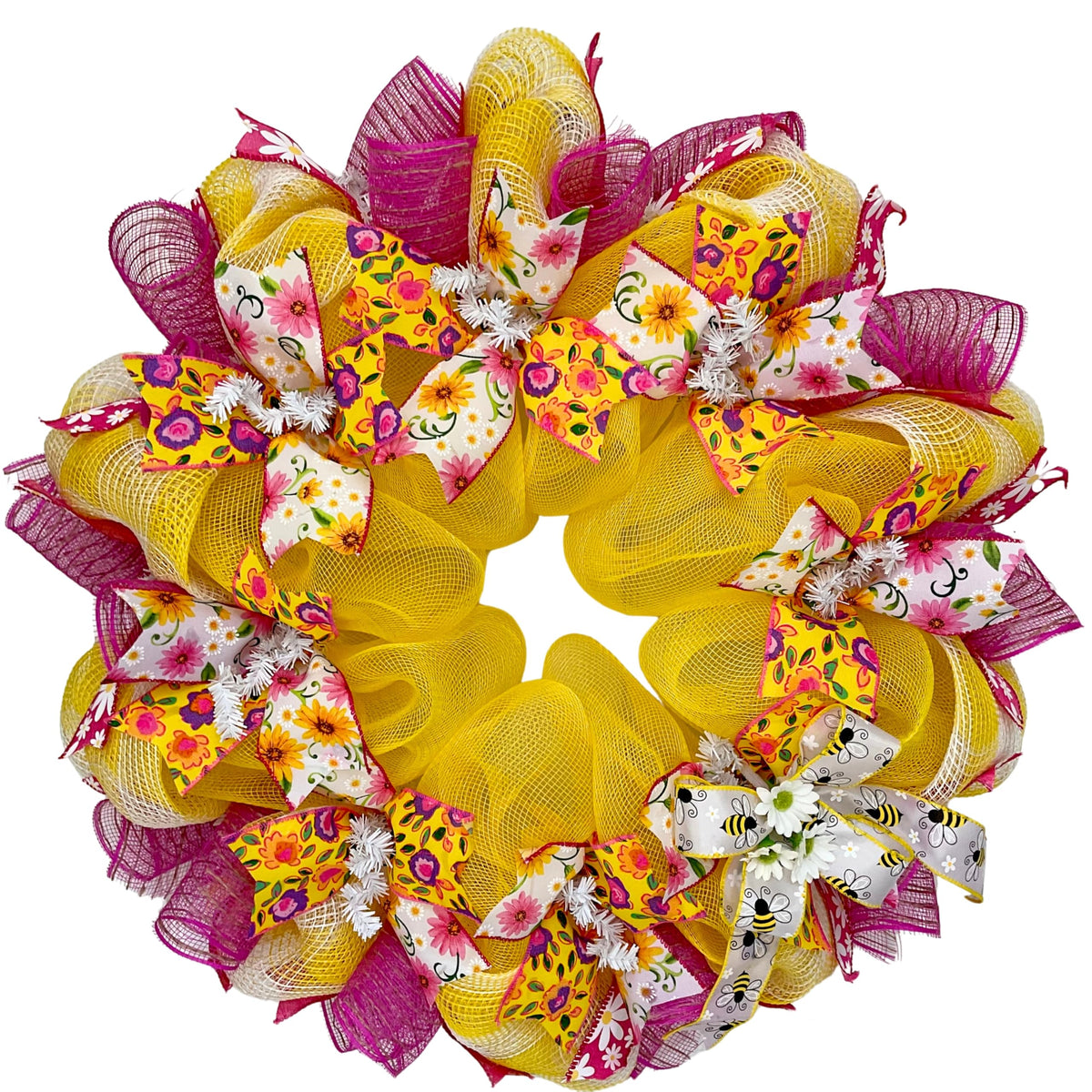 Spring Wreath luxury handmade 24 inch front door wreath with pink and yellow floral accents