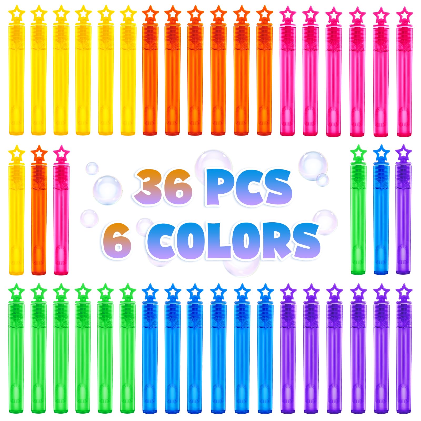 36 piece bubble wand set in colors red yellow green blue orange pink purple dark green navy light yellow
