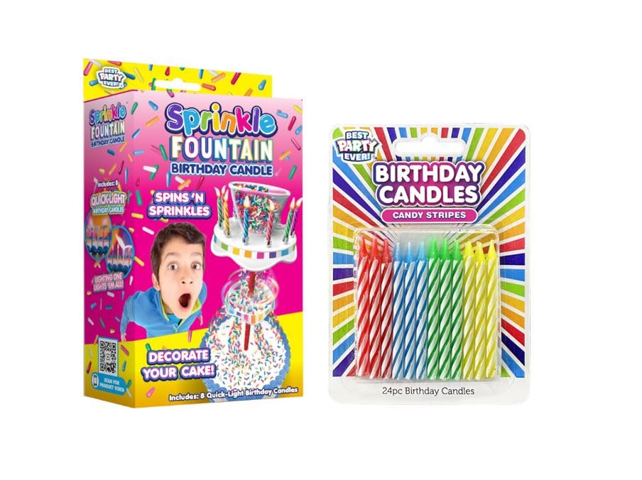 Sprinkle Fountain Birthday Candle topper with 32 candles on cake