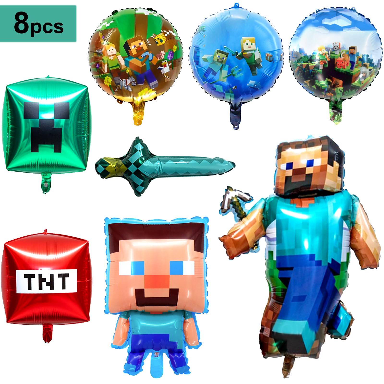Two square foil balloons for Pixel game themed party decor