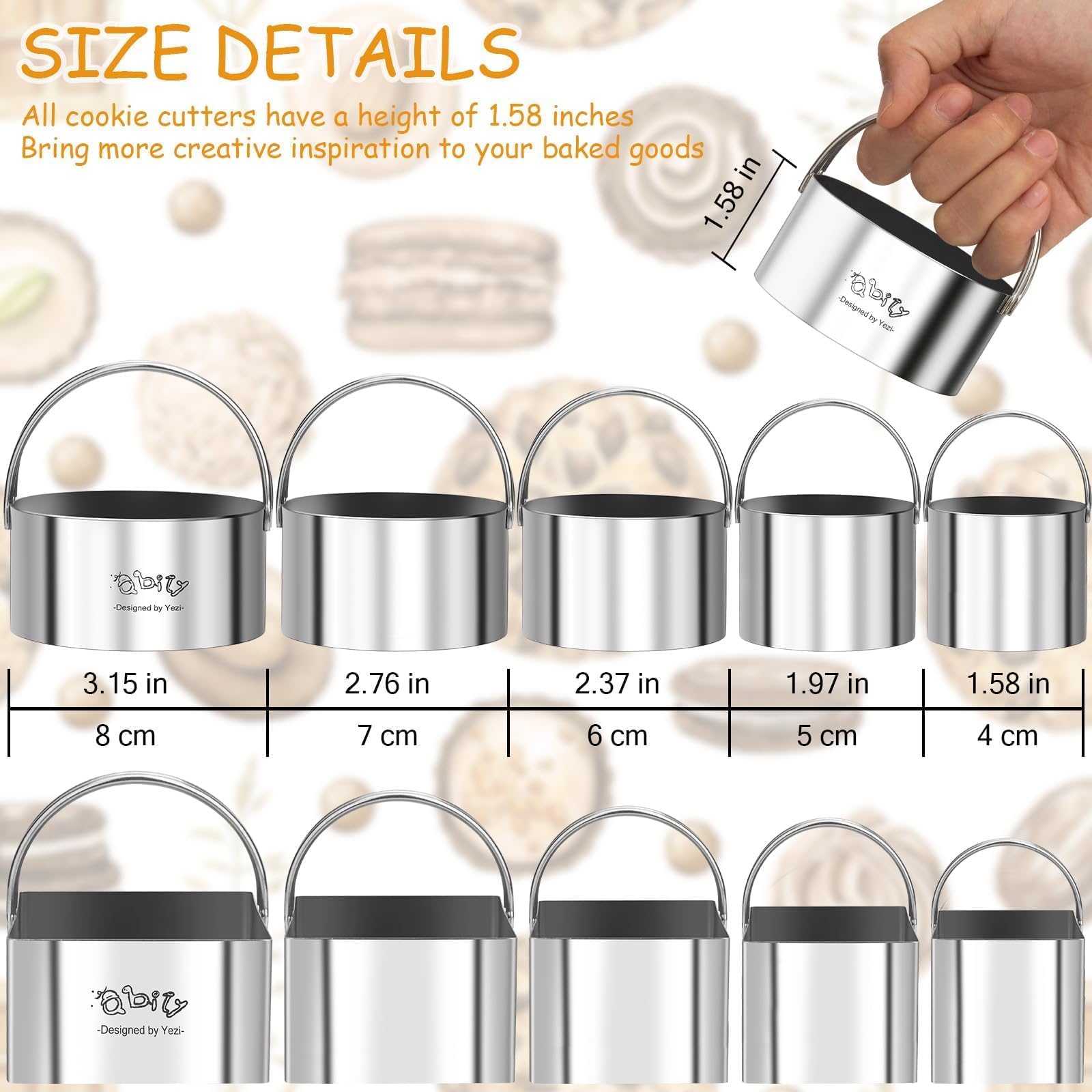 Square and round cookie cutters with handle in stainless steel