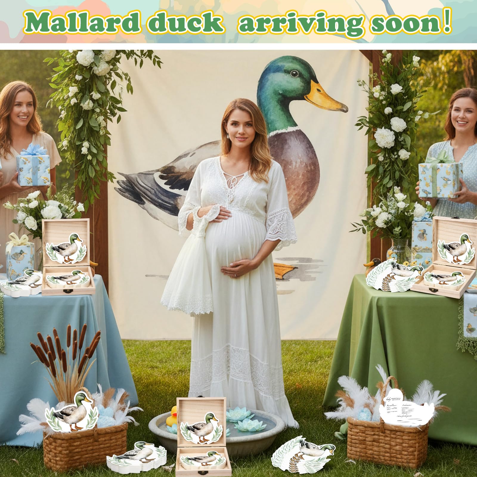 Square wooden box with mallard duck design and cards
