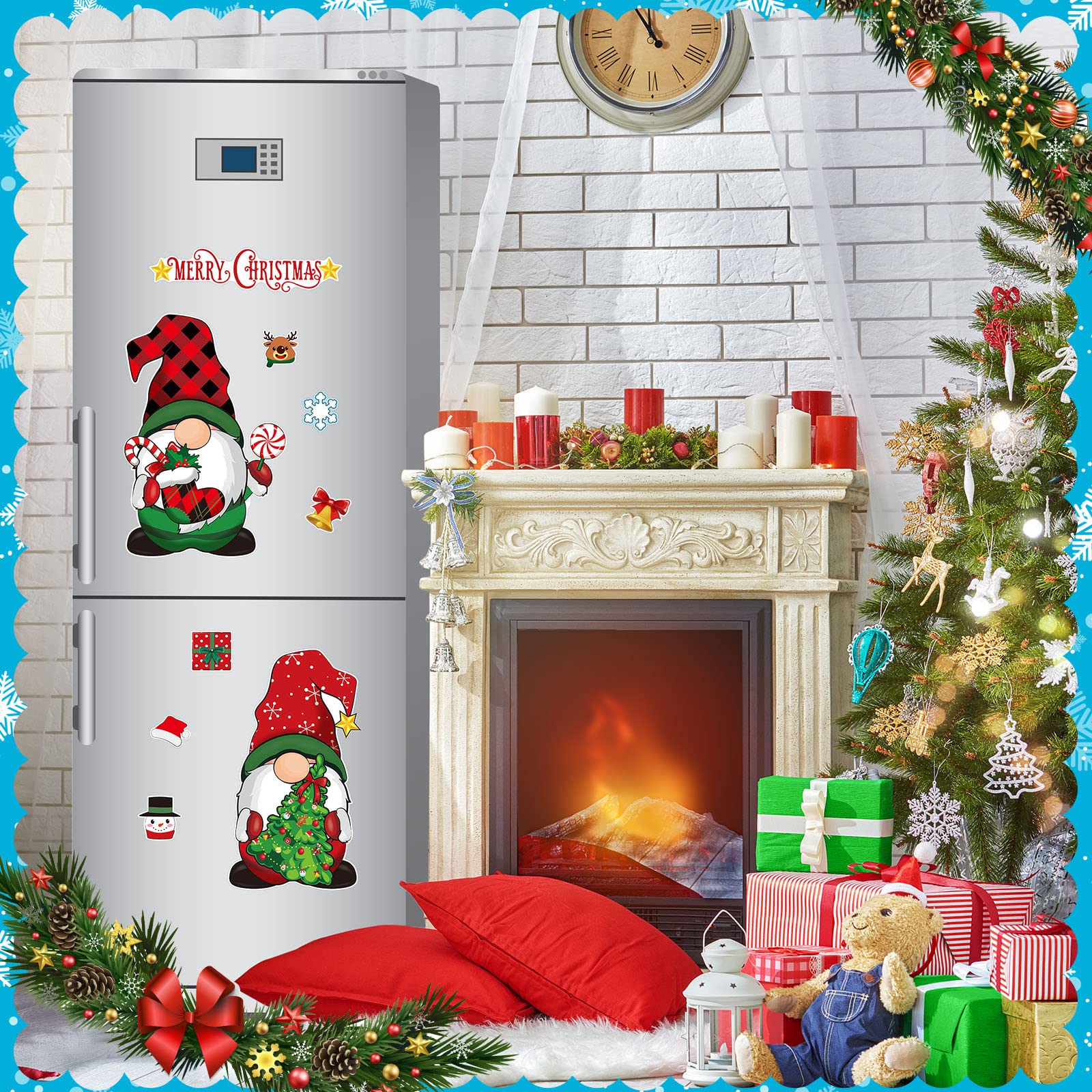 Gnome magnets holding stockings and trees design