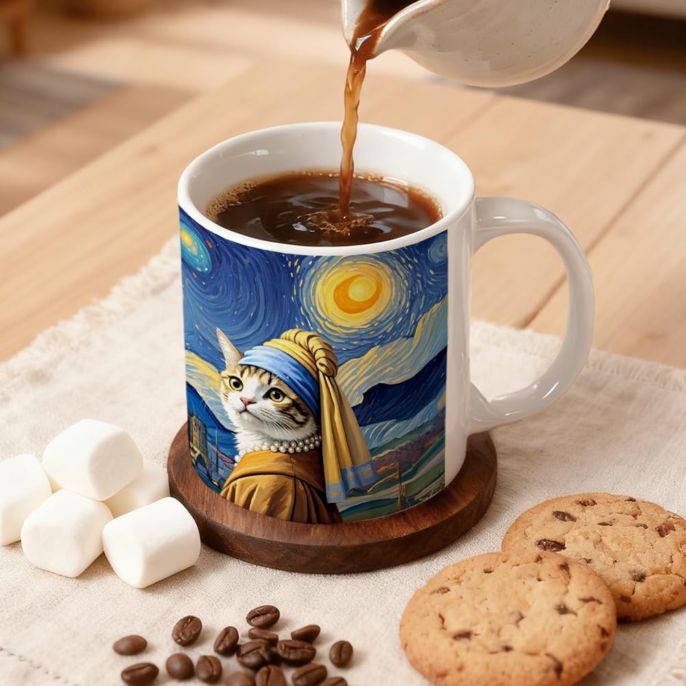 SRWNFOS Art theme cat mug featuring Starry Night design