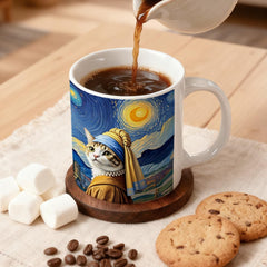 SRWNFOS Art theme cat mug featuring Starry Night design