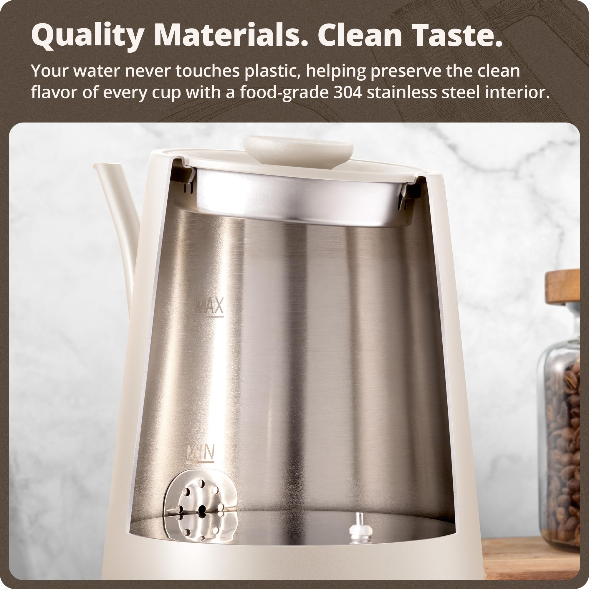 Kettle designed for accurate pour and flavor preservation