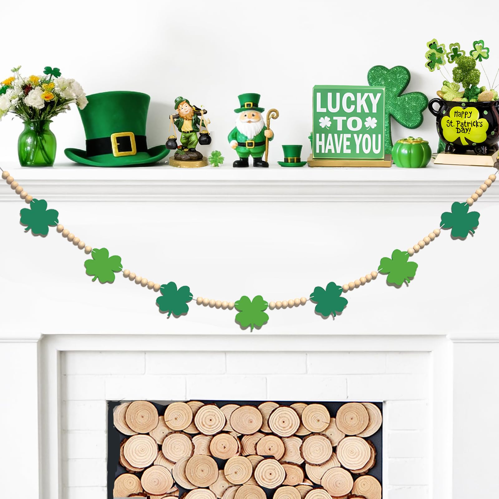 St Patrick's Day garland with seven felt shamrocks and wooden beads