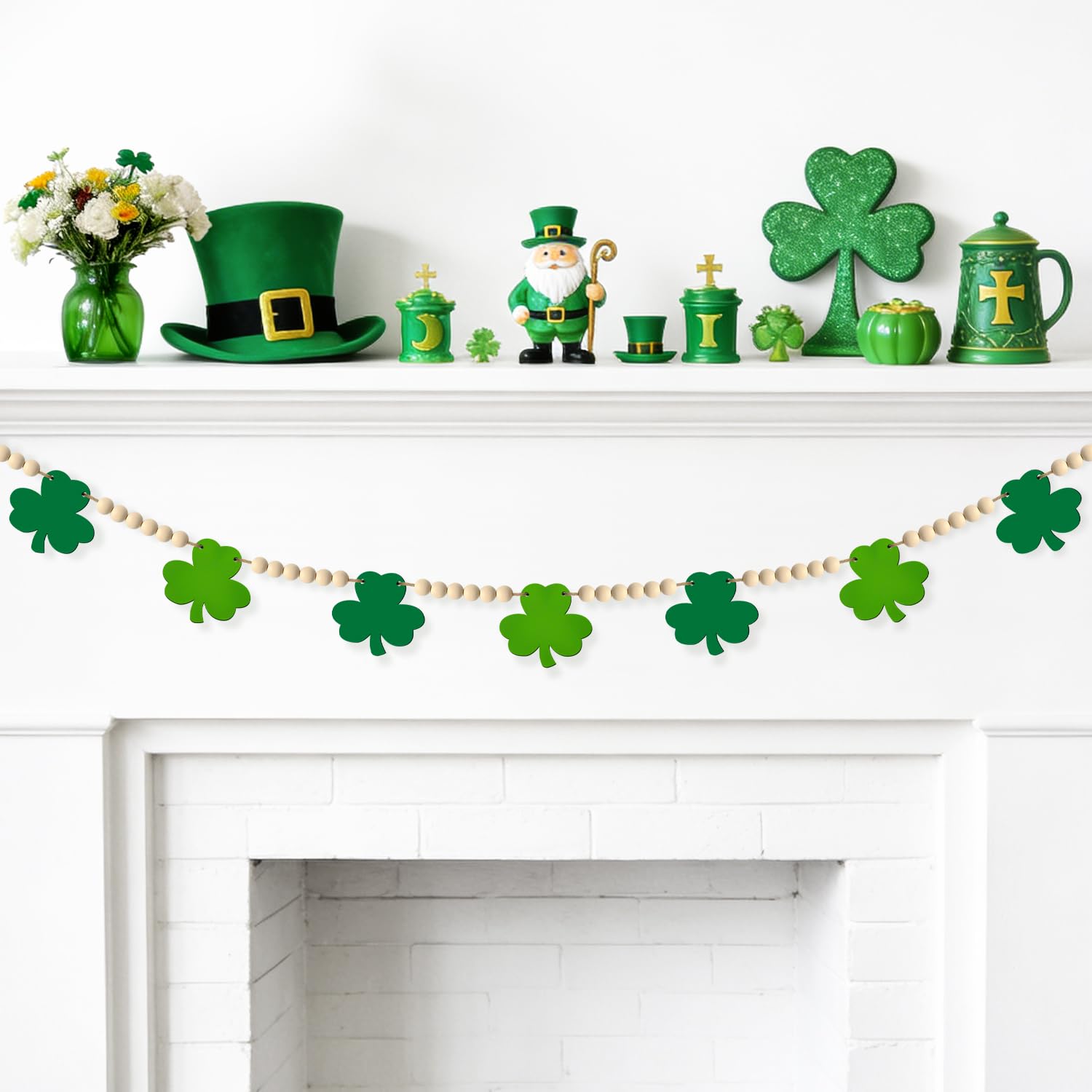 128cm long wooden bead shamrock garland with 48 beads