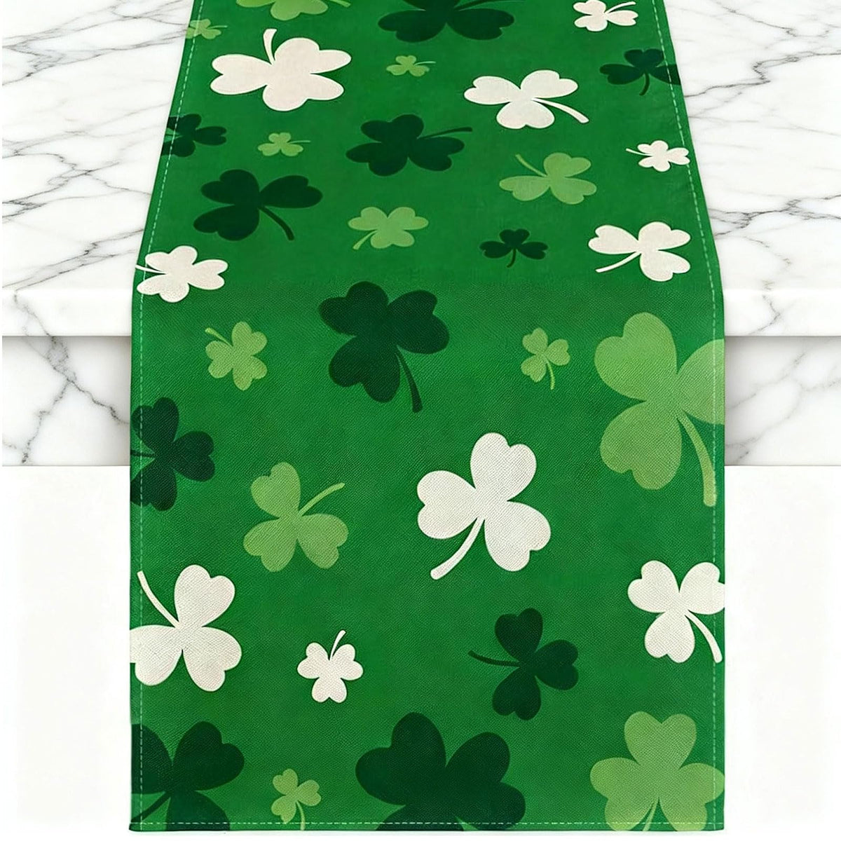 St Patrick's Day table runner 72x13 with white and green shamrocks