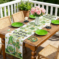 Gnome holding shamrocks and four-leaf clovers design on table runner