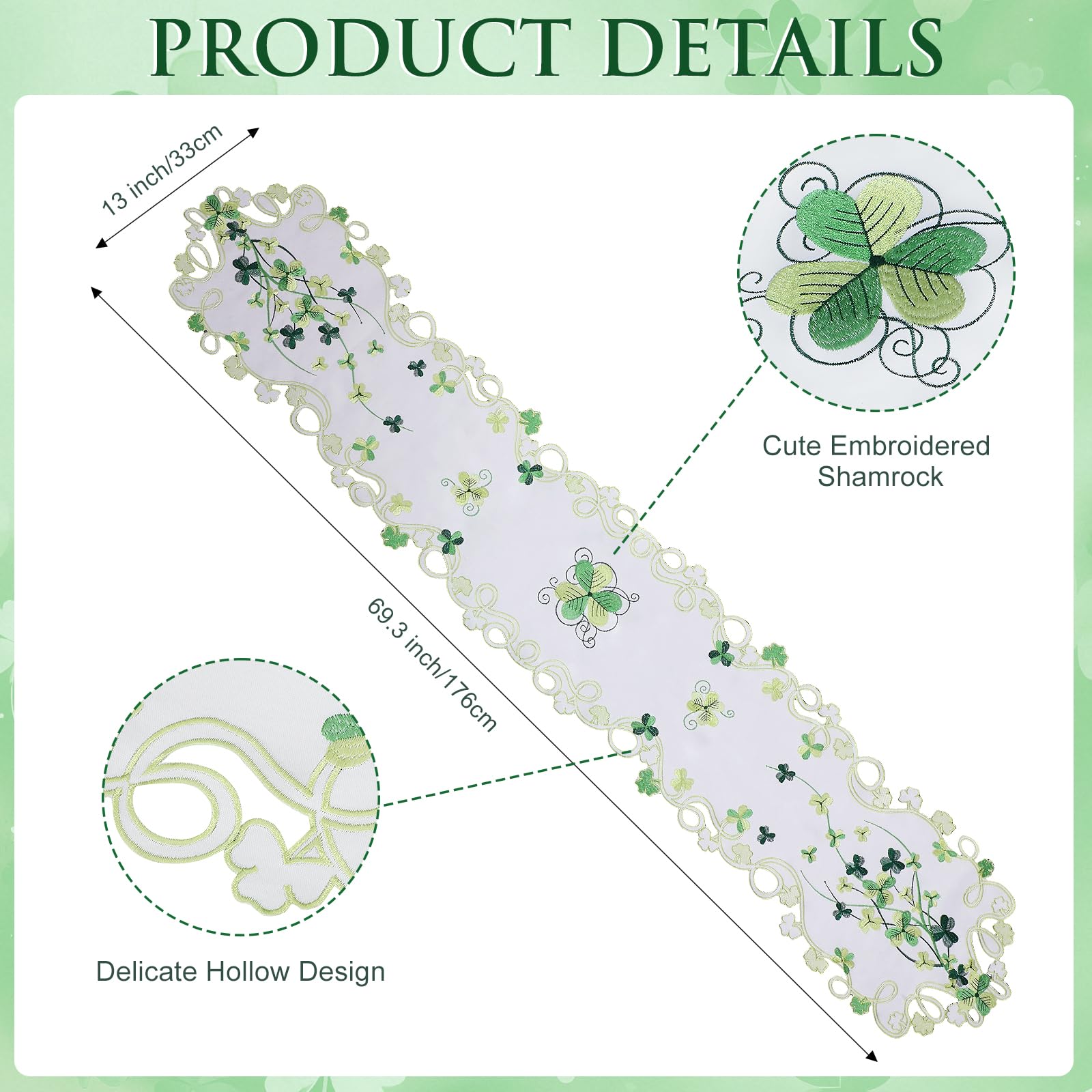 Green Saint Patricks Day table runner size 13 x 69.3 inches