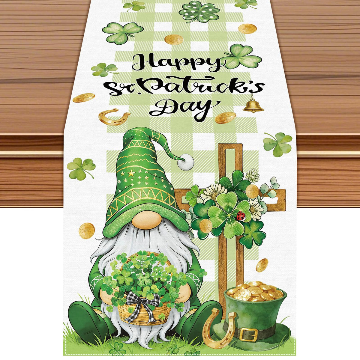 St Patrick's Day table runner with gnome and shamrocks on green buffalo plaid
