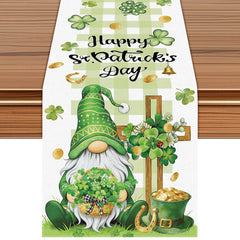 St Patrick's Day table runner with gnome and shamrocks on green buffalo plaid