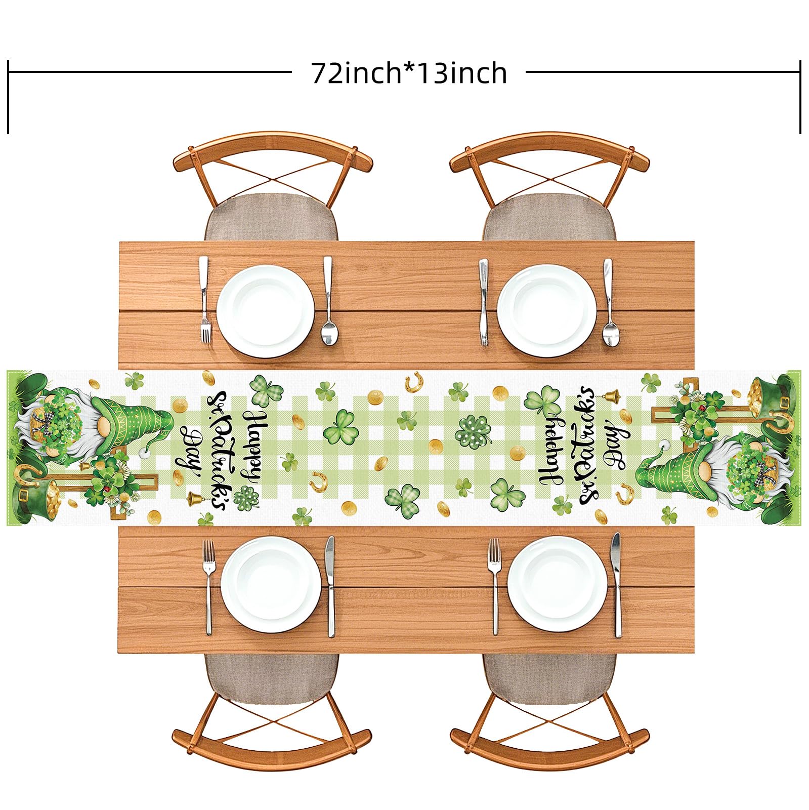 72x13 inch table runner shown on festive Irish decor with four-leaf clovers
