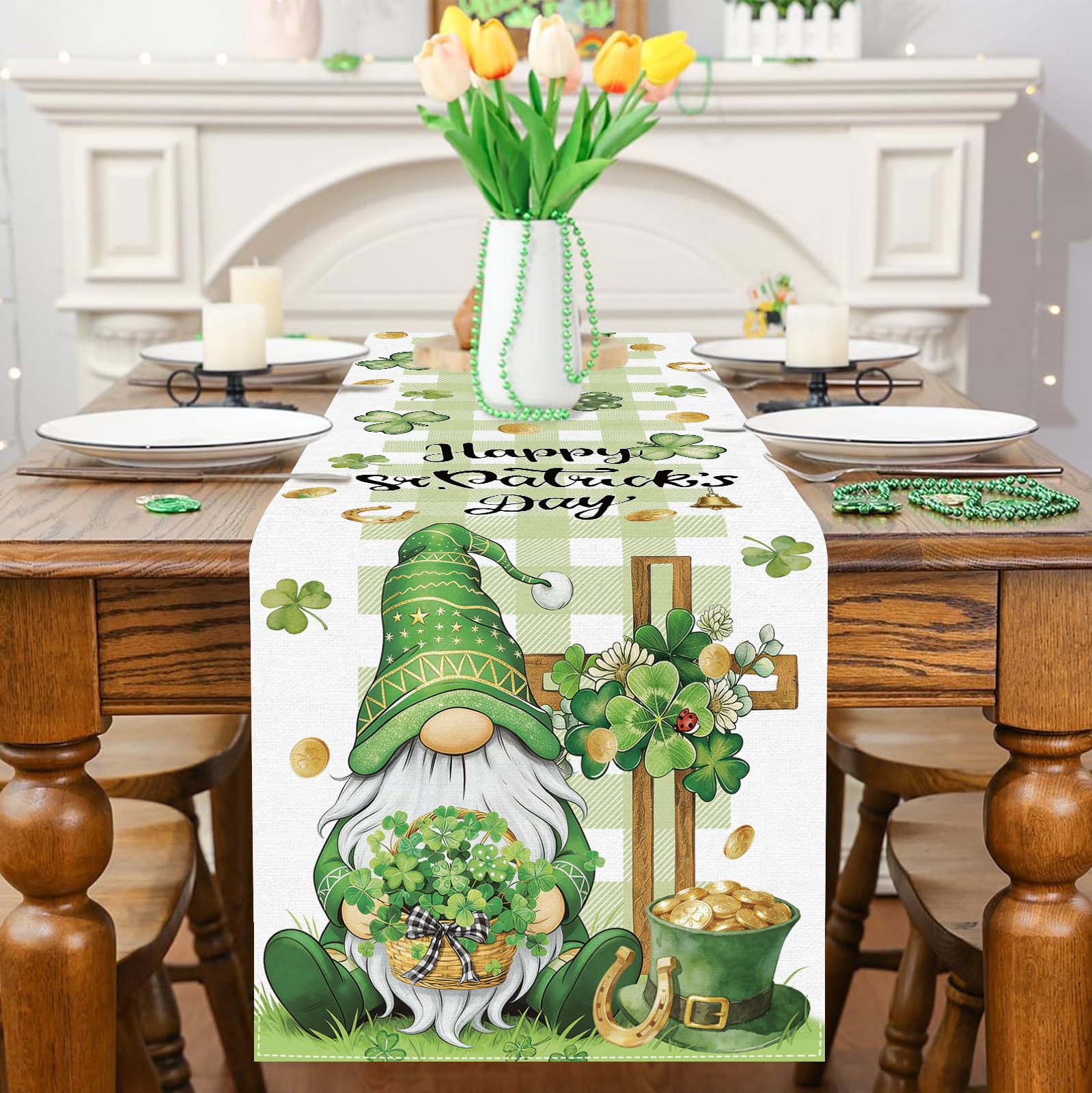 Table runner features gold coins horseshoes and leprechaun hat on plaid