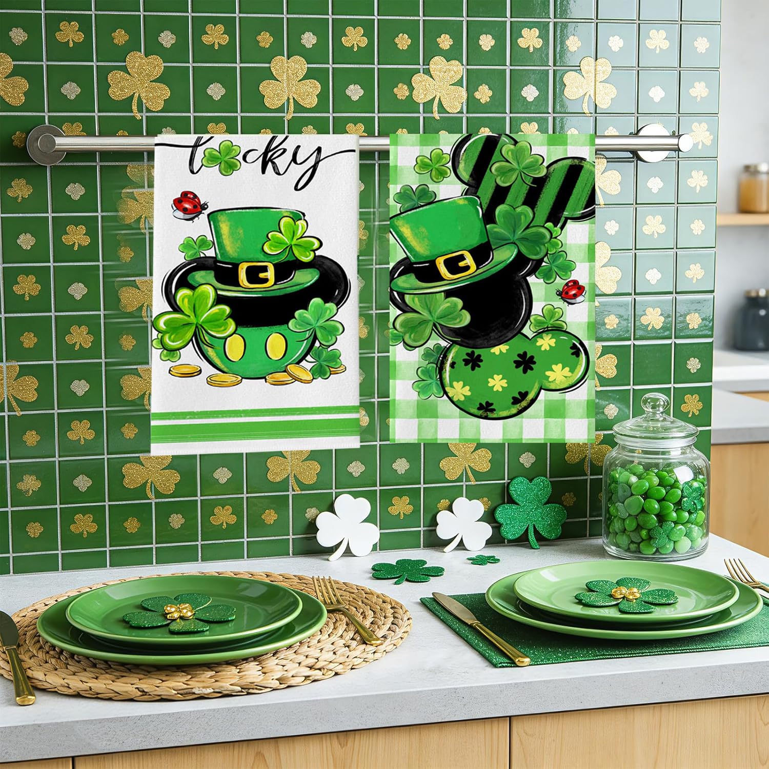 Shamrock themed kitchen towels for Saint Patrick's Day decor