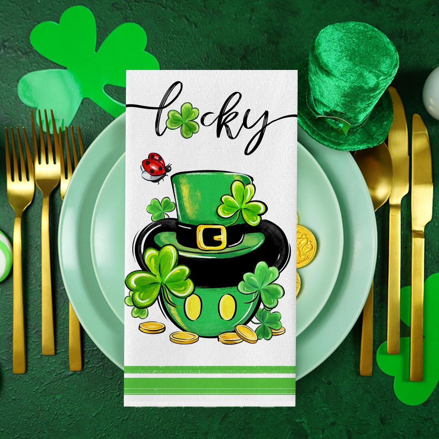 Green tartan checker pattern with gold coins on festival towels