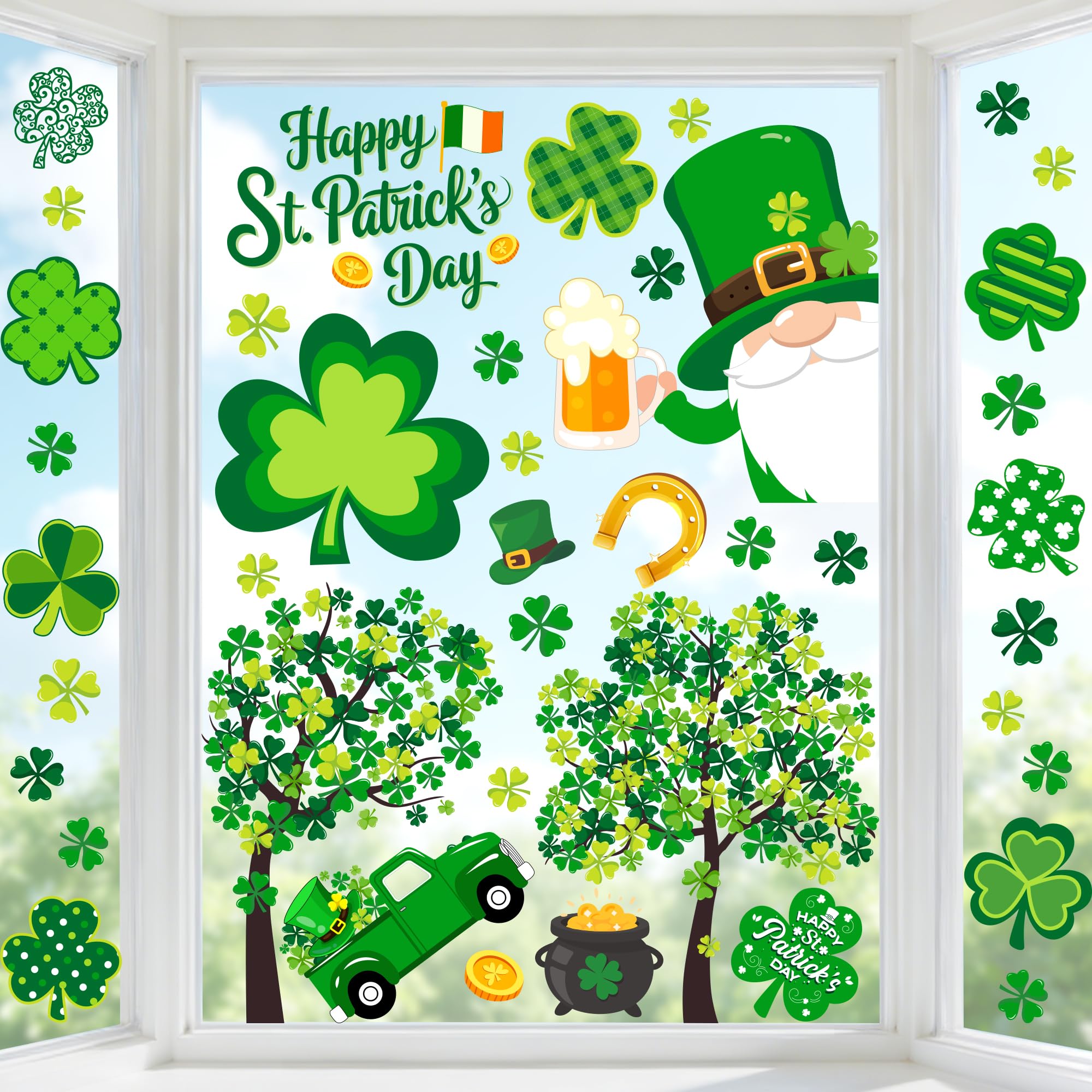 St.Patrick's Day Window Clings 5 sheets green shamrock designs for indoor decor