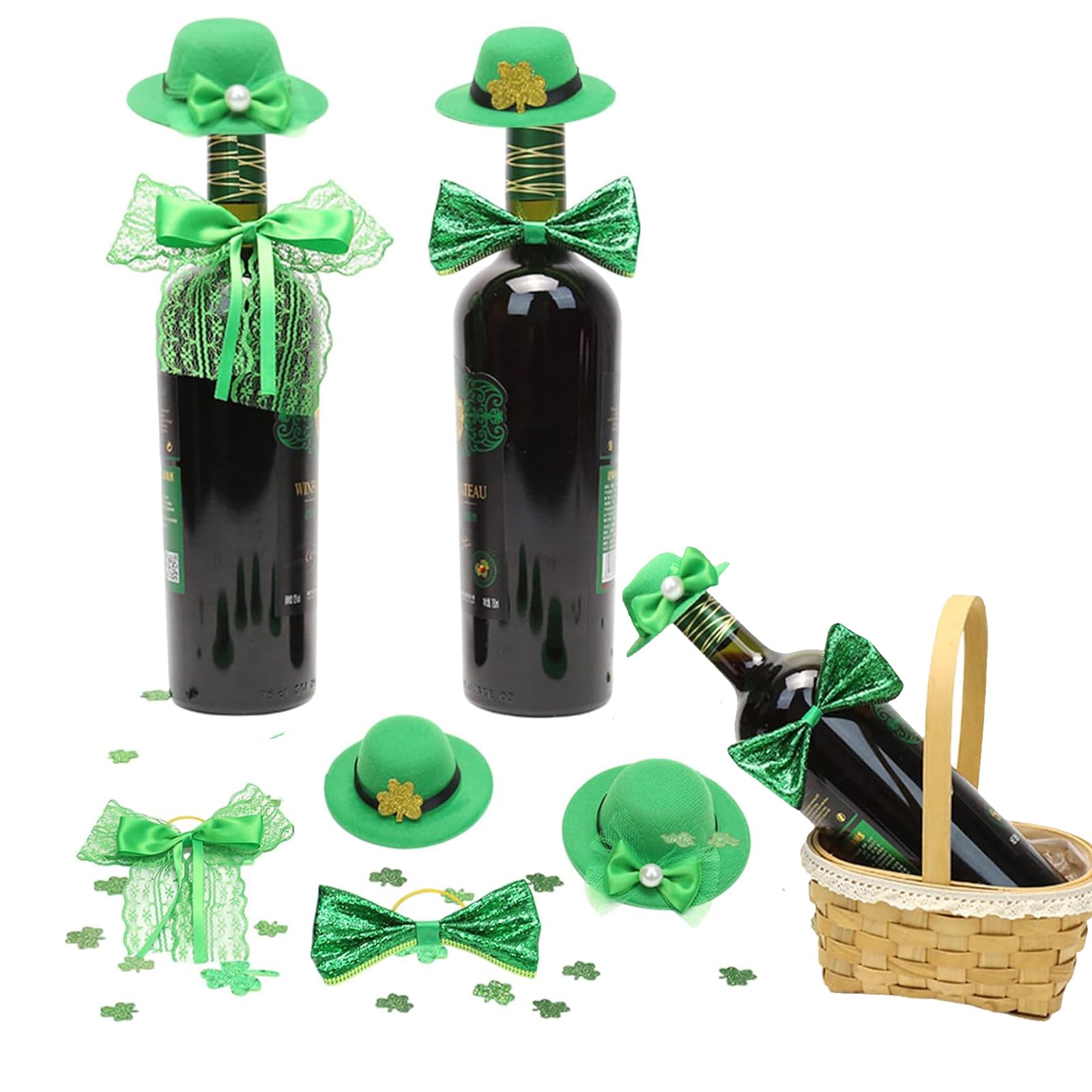 4Pcs St. Patrick's Day wine bottle decors with mini green hats and bows