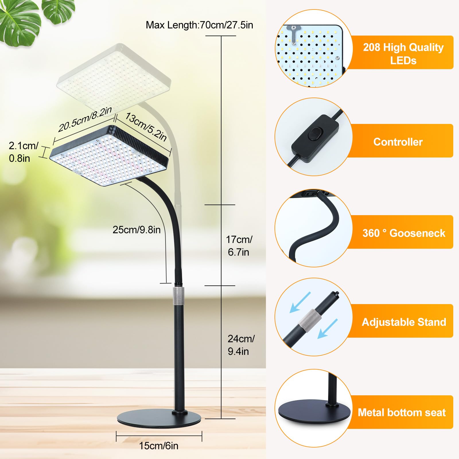 Stable base desk top grow light suitable for bonsai and succulents